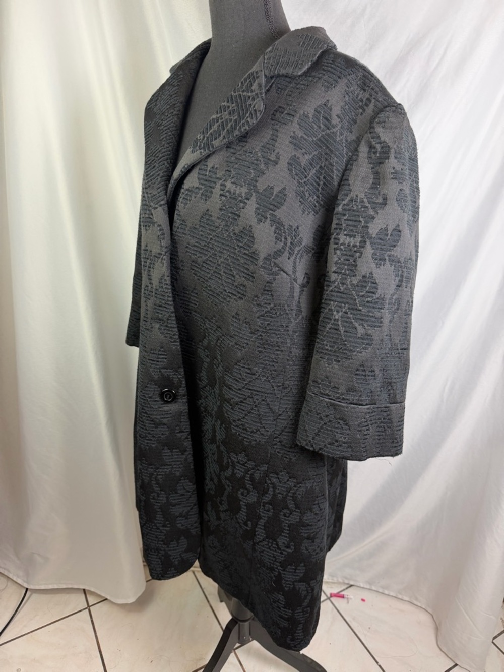 Nine West Black Navy Jacquard Trench Coat 22W A-Line Floral - Picture 7 of 10